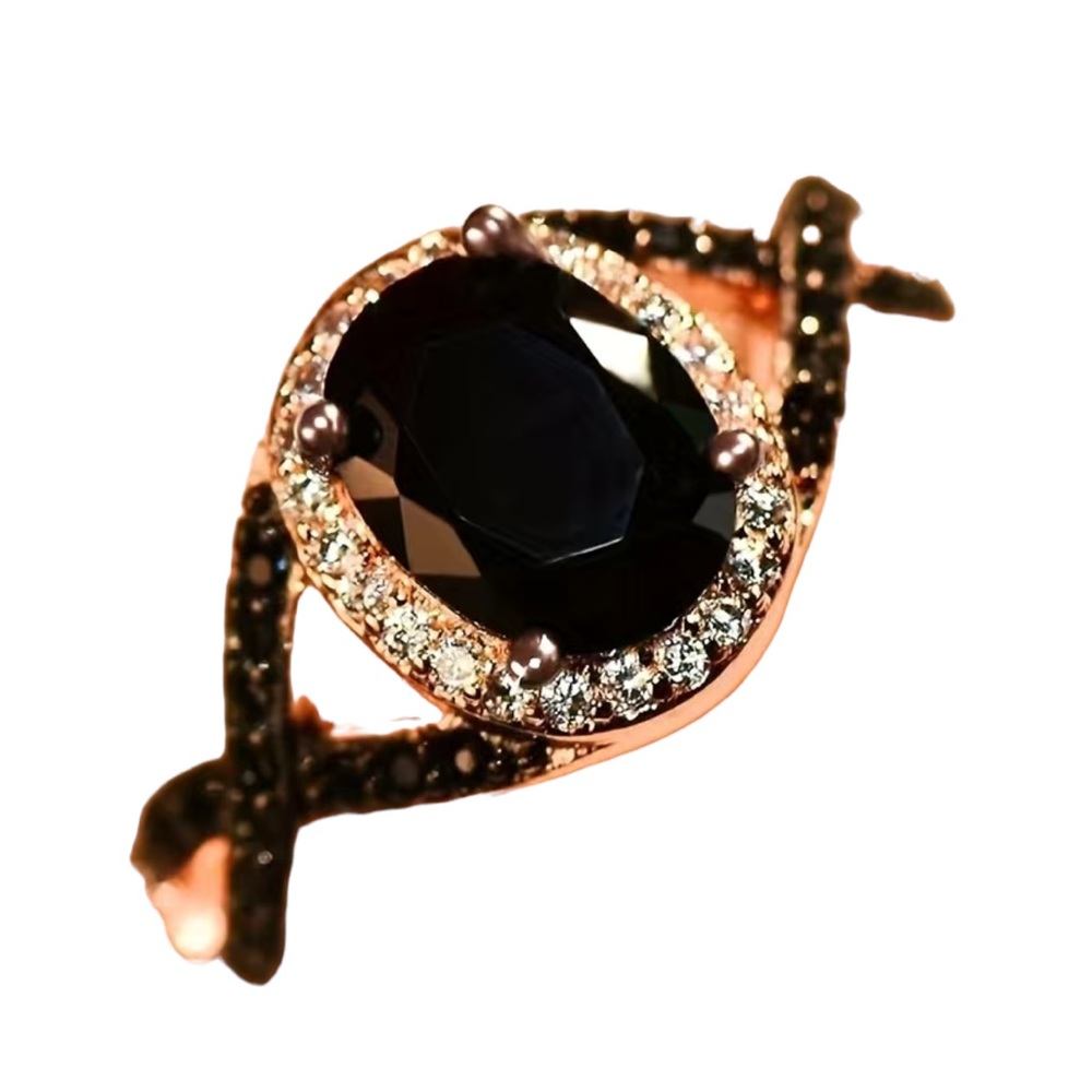 Black Oval Zircon Rose Gold Ring with Rhinestone Accents